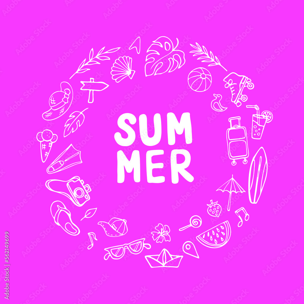 Summer, circle set of thematic objects on pink