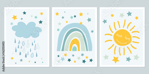 Cartoon fun rainbow. Bright doodle hand drawn illustration. Scandinavian nursery design.