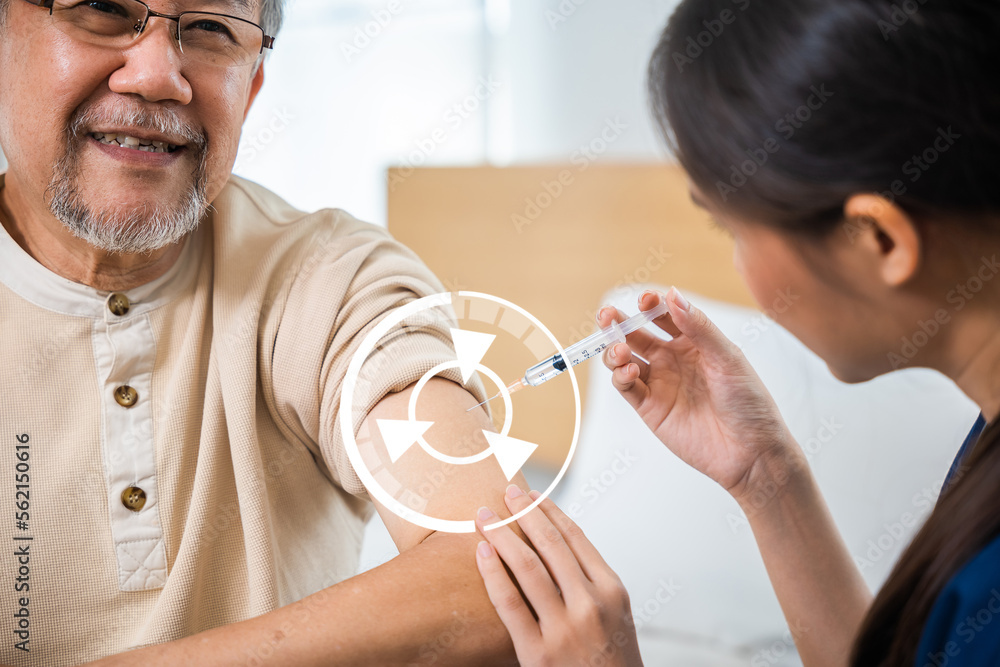 Asian elderly old man getting coronavirus vaccine with nurse, Doctor giving injection with syringe to senior man at clinic or hospital, medical and healthcare - obrazy, fototapety, plakaty 