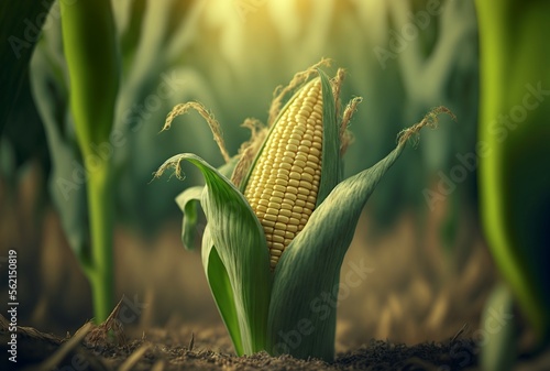 ear of corn in organic corn field in selective focus. generative AI