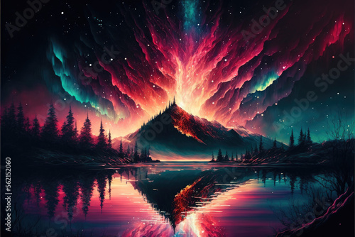 creative landscape image with a lake and northern lights. Generative AI