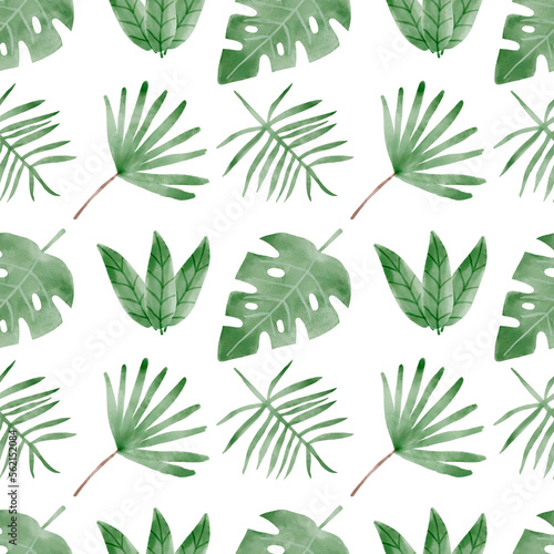 African leaves watercolor pattern. Jungle seamless watercolor background. Hand painted monstera palm leaves illustration isolated on white background. Nursery and wedding wallart