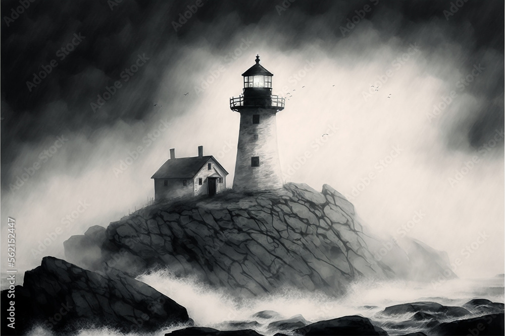 illustration of a lighthouse with cottage. black-and-white. Generative AI