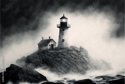 illustration of a lighthouse with cottage. black-and-white. Generative AI photo