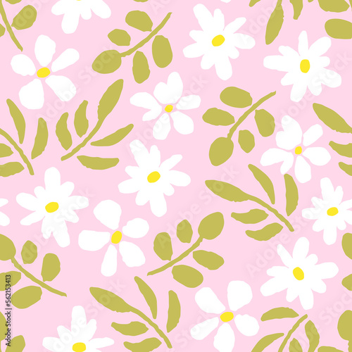 Simple floral vector seamless pattern. White chamomile flowers, green leaves on a light pink background. For fabric prints, textiles. Spring-summer collection.