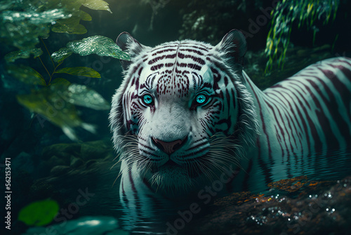 Generative AI illustration of white tiger in forest