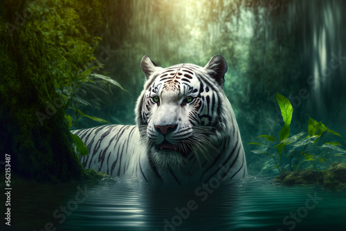 Generative AI illustration of white tiger in forest photo