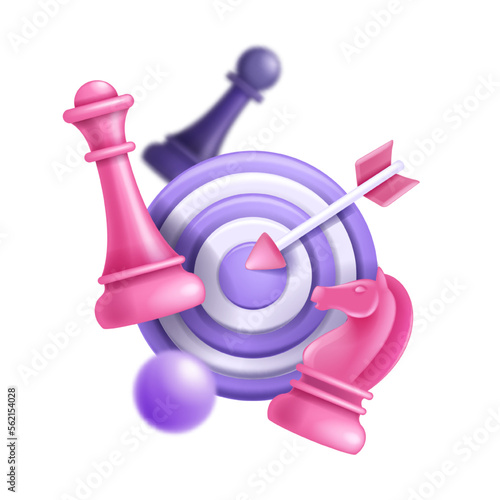 3D target market icon, vector training skill clipart, business goal invest, queen, arrow, knight. Dartboard chess game clipart, project achievement sign financial strategy marketing. 3D target object