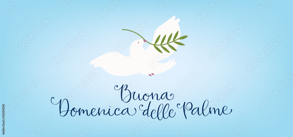 Buona Domenica delle Palme translation from italian Happy Palm Sunday.  Handwritten calligraphy lettering, white dove carrying olive branch vector  illustration. Stock Vector | Adobe Stock