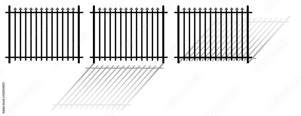 Classic wrought iron fences with shadows on transparent background png; shod metal railing, barrier with peak decorative elements; isolated, cartoon, clipart, graphic Classic wrought iron fences with shadows on transparent background png; shod metal railing, barrier with peak decorative elements; isolated, cartoon, clipart, graphic