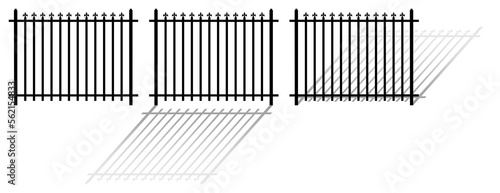 Classic wrought iron fences with shadows on transparent background png  shod metal railing  barrier with peak decorative elements  isolated  cartoon  clipart  graphic