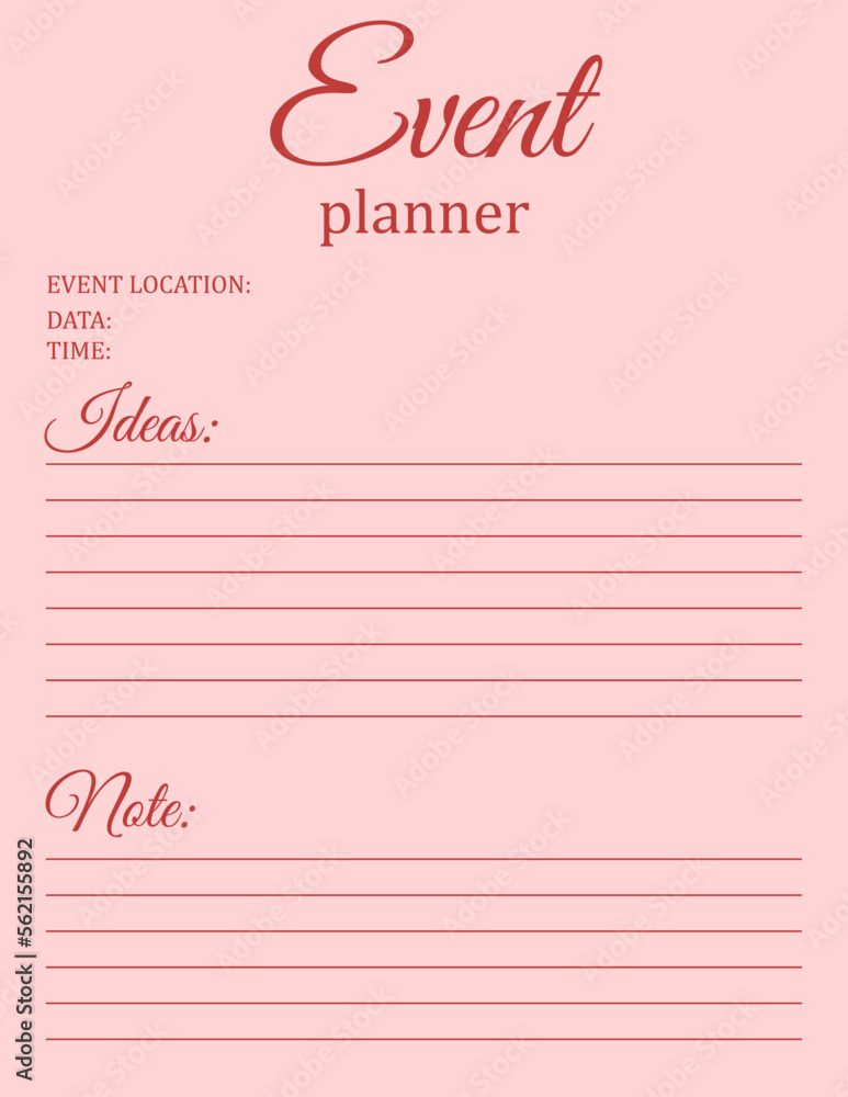 Event Planner Template. Minimalistic notebook page design. Vector illustration
