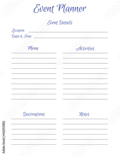 Event Planner Template. Laconic minimalis notepad page design. Vector illustration