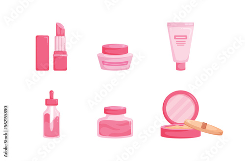Lipstick, skin cream,tube of cream,serum, eye cream,powder and puff,Beauty,product, Cosmetics vector isometric set. Fashionable beauty elements on a white background