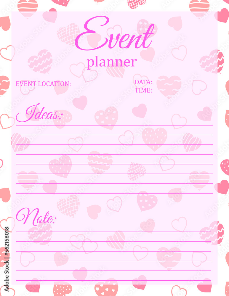 Event Planner Template. Notepad page design with hearts pattern for Valentine's Day. Vector illustration