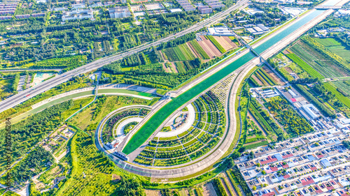 Aerial photography of the Main Canal of the Central Route of the South-to-North Water Diversion Project in Shijiazhuang City, Hebei Province, China