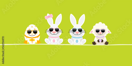 Osterei, 2 Weiße Osterhasen Mädchen/Junge & Schaf Sonnenbrille Banner Grün