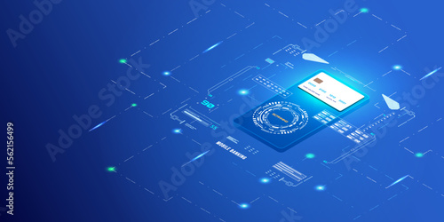 Isometric mobile banking online payment with credit card digital technology payment. HUD interface personal data system protection concept vector. Wallet UI app transaction.