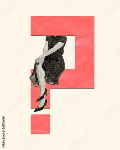 Contemporary art collage. Woman in stylish retro dress with question mark instead head over light background. Empty space for text