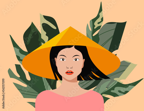 Asian woman, traditional costume, conical hat. Young, beautiful woman, black hair. Lush thickets in the background, banana palm leaves. Modern vector illustration.