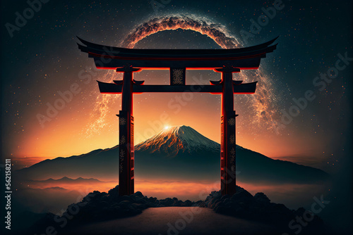 Fantasy Fuji mountain and Torii gate, surrounded by the brilliance of the galaxy and stars. Digital illustration