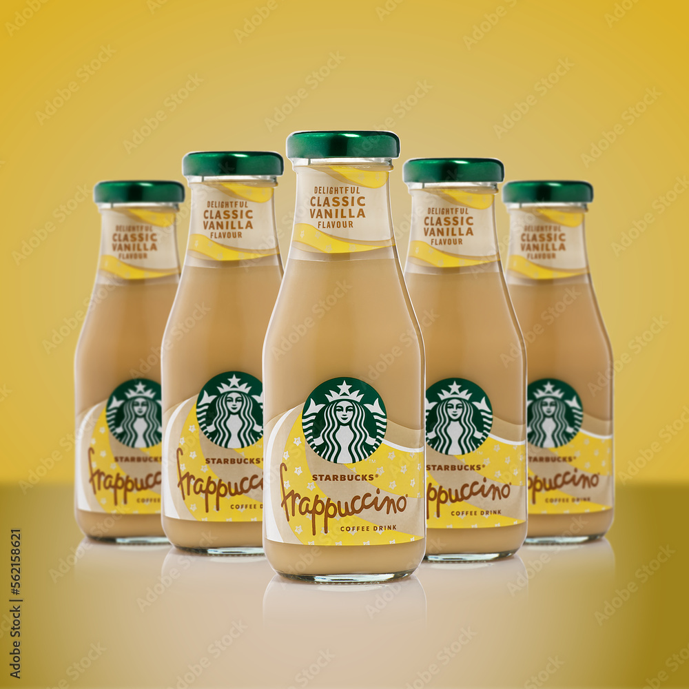 Tallinn, Estonia - January, 2023: Bottle of Starbucks Frappuccino Coffee  drink. Frappuccino vanilla Coffee on yellow backdrop foto de Stock | Adobe  Stock