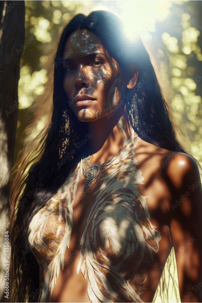 Portrait of a beautiful native woman with sunlight streaming through the woods. ai generative