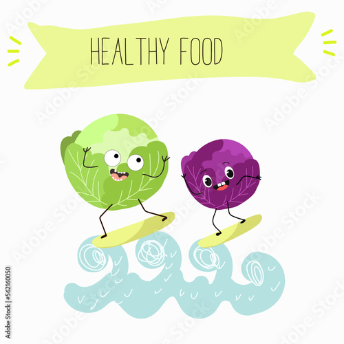 Illustration with funny characters cabbage  red cabbage. Funny and healthy food. Vitamins  cute face food  ingredients  vegetarianism  vector cartoon  antioxidant.