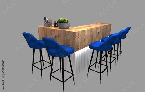 Empty retro bar counter with cafeteria chairs. Can be used as bistro counter or trade show tasting stand. 3d rendering.