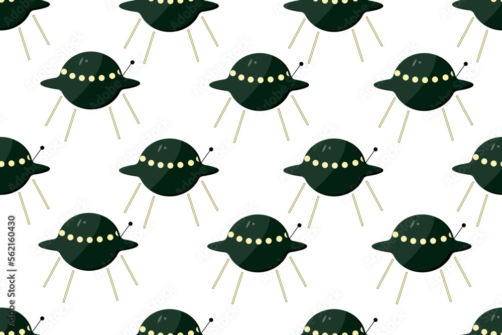 Fototapeta premium Seamless pattern with a humanoid ship on a white background. Print for wallpaper in the children's room with an alien spaceship. An ornament for bed linen with spacecraft.