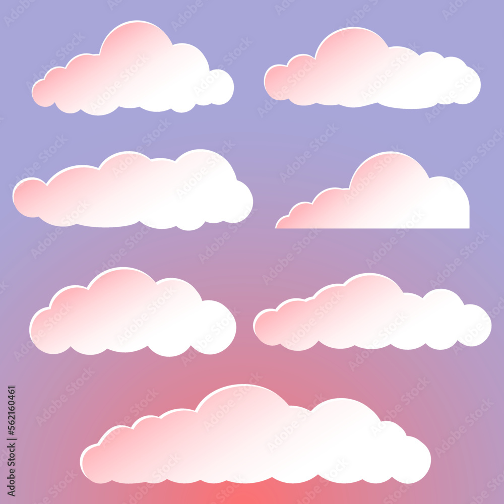 Set of airy different romantic pink clouds, design elements, for wallpapers, postcards, backgrounds,
