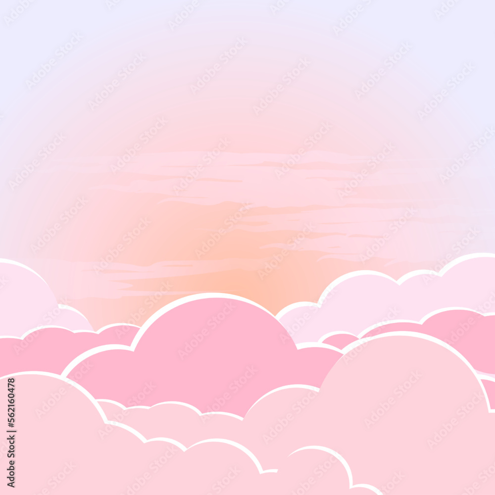 Sky dawn, sunset landscape, solar lighting on paper clouds, romantic bright background for design