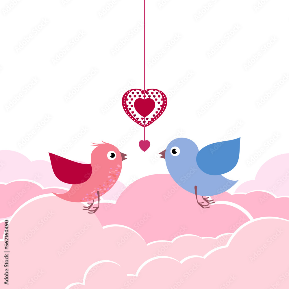 Bright holiday card, with the image of the sky, decorative clouds of cute cartoon love birds