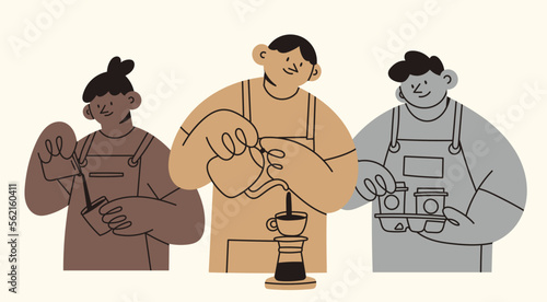 A group of cafe workers. Barista in apron making Coffee, cappuccino, pouring milk to coffee, holding paper cups. Isolated cartoon characters. Hand drawn Vector illustration. Coffee shop concept