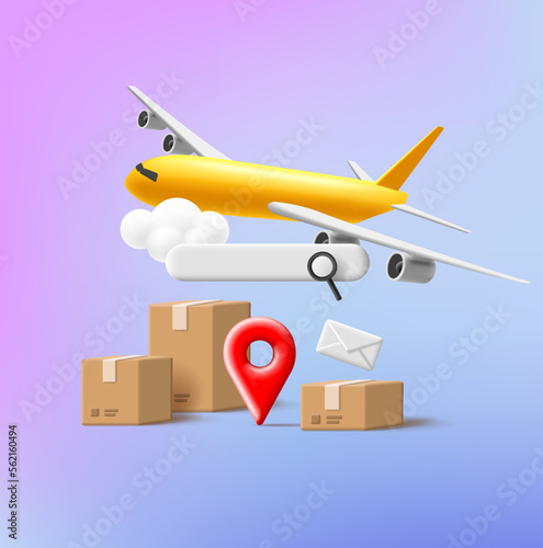 Shippment online tracking 3d render composition with carton boxes and yellow airplaine, search field UI element