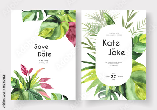 Set of Wedding cards with watercolor tropical leaves. Save the Date and invitation template.