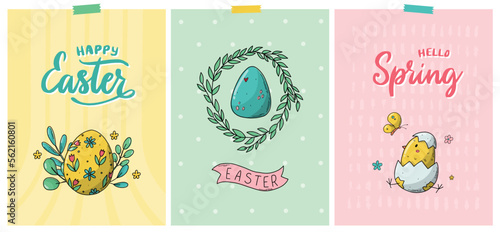 Set of Easter greeting cards, posters, prints, banners, invitations, templates decorated with doodles and lettering quotes. EPS 10