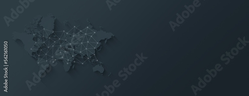 World map and digital network illustration on a black background. Horizontal banner
