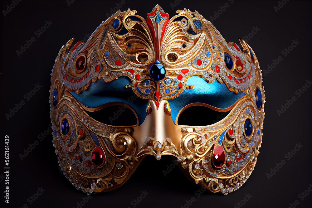 Vector Illustration. Blue golden carnival mask with feathers. 