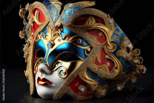 Vector Illustration. Blue golden carnival mask with feathers. 