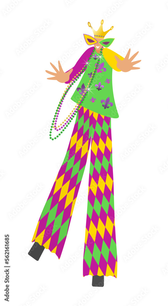 Acrobat on circus stilts Street actor, clown in circus, performer artist acrobat. Mardi Gras carnival banner design element Vector illustration Isolated on white background