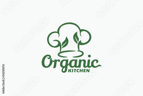 organic kitchen logo with a combination of chef's hat and leaves