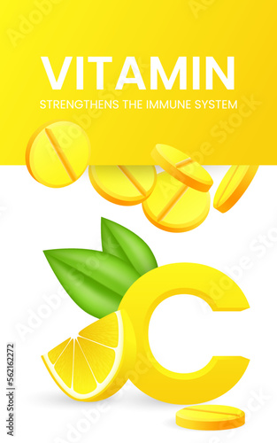 Effervescent soluble pills. Vitamin C soluble drugs with lemon flavor. Realistic lemon sliced with green leaf, sour fresh fruit, bright yellow zest. Vector realistic poster of fizzy pill.