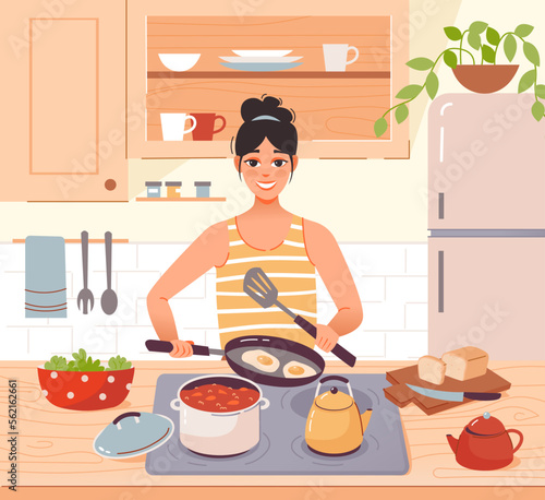 A housewife cooks food in the kitchen. The process of cooking in a home kitchen. Kitchen cooking. The cooking process in the home kitchen. Flat vector illustration.
