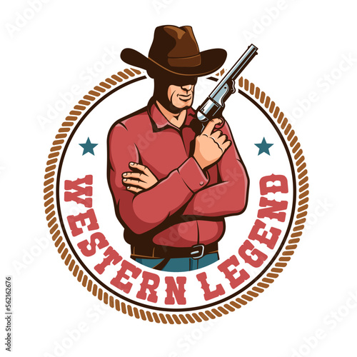 Cowboy with pistol - Western retro badge. Wild west cowboy vintage emblem.