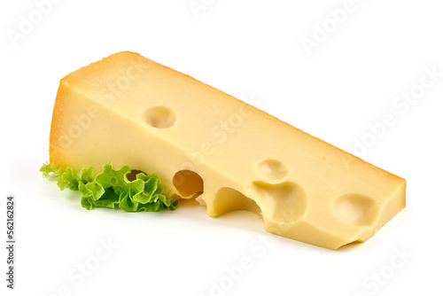 Maasdam cheese block, isolated on white background. High resolution image.