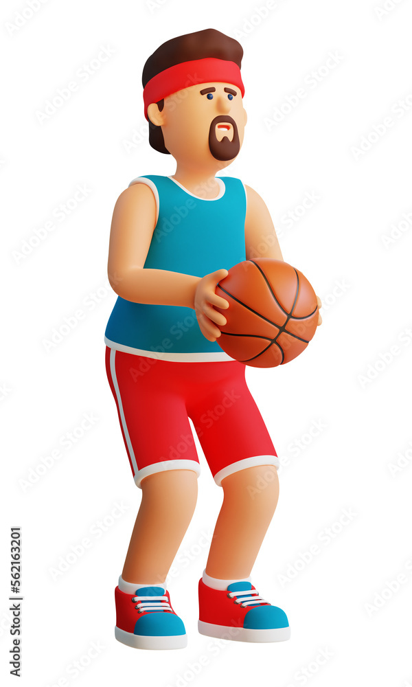 Naklejka premium 3D basketball player with the ball is preparing to throw. 3D cartoon illustration.