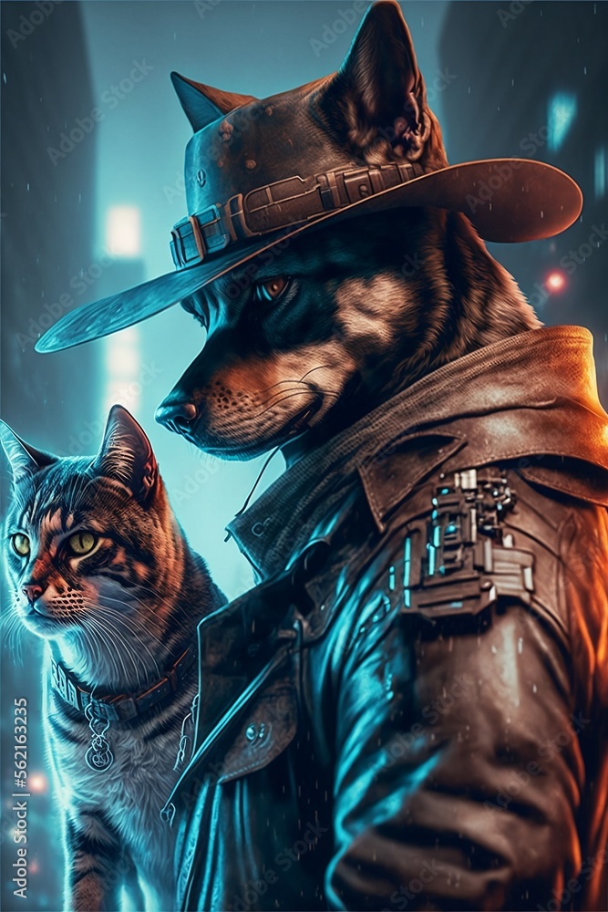 Fototapeta premium Cyberpunk-style cat and dog
