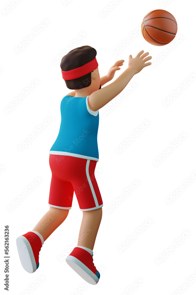 Basketball player throws the ball back view. 3D illustration
