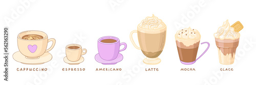 Set of different vector illustrations of coffee. Beautiful mugs with different types of coffee.
